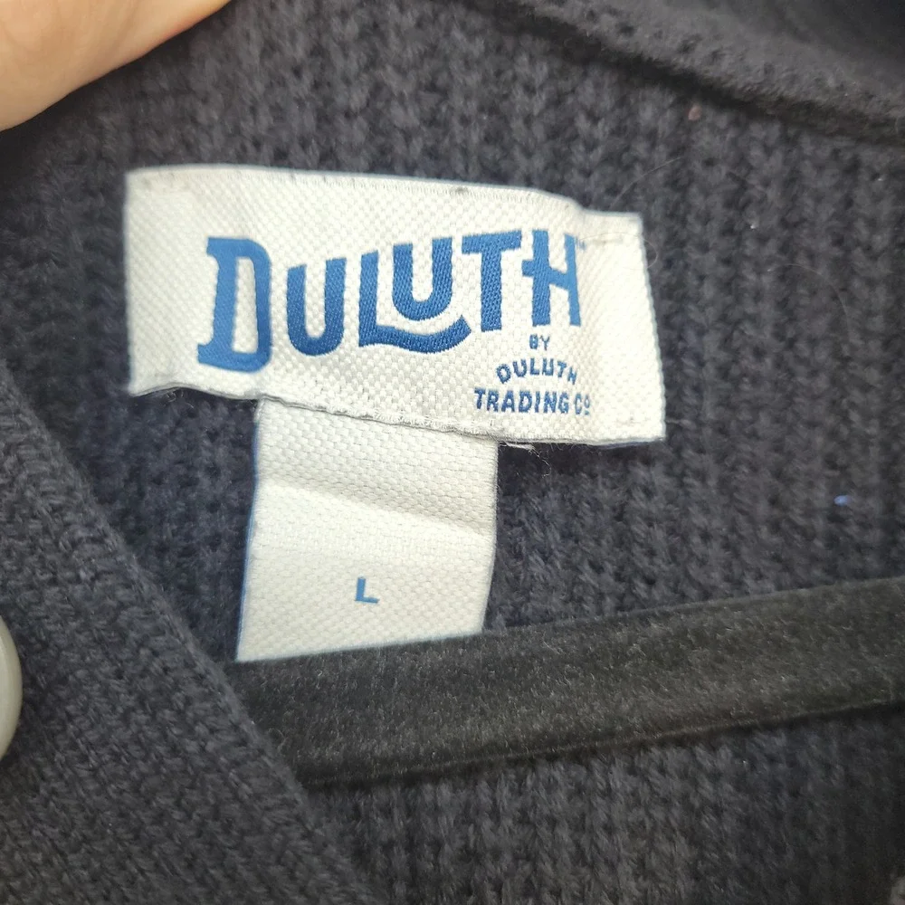 Duluth Trading Co Henley Sweater Mens L Navy Blue Ribbed Wool Blend‎ Elbow Patch